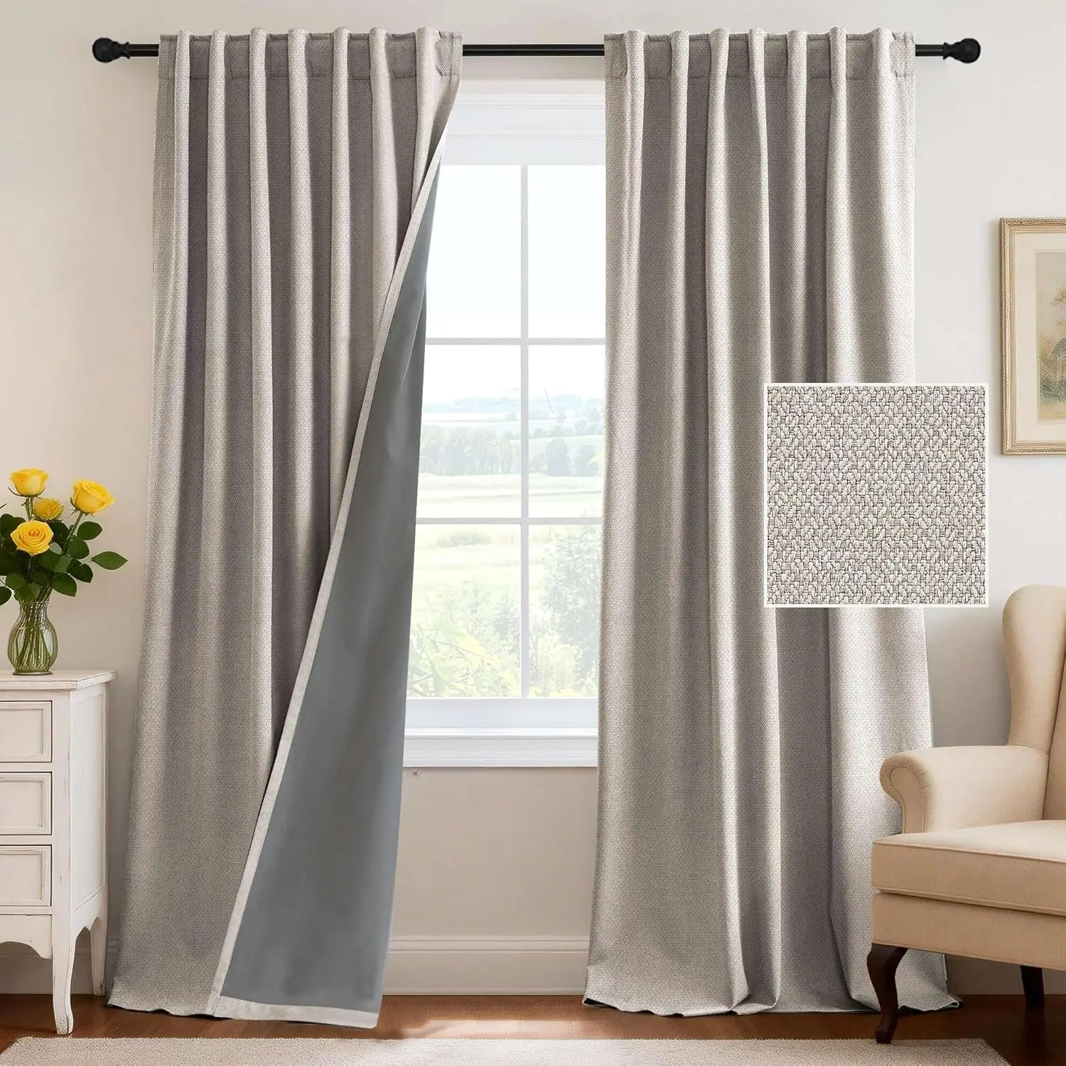 

100% Blackout Curtains Back Tab Full Light Blocking Curtain Draperies with Gray Coating Thermal Insulated Window Treatme