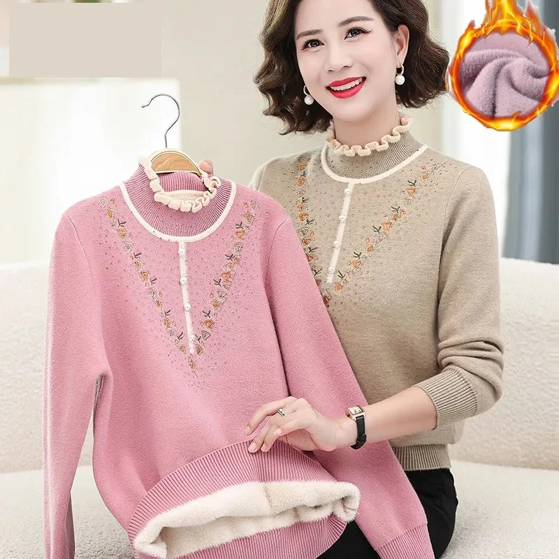 Winter Women Sweater Pullover New Fashion Half High Neck Plucked Warm Long Sleeve Knitted Sweater Middle Aged Female Tops Jumper