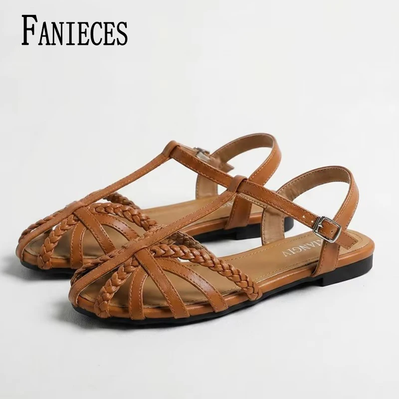 

Plus Size 42 Boho Flat Sandals Women Summer Cross Strap Round Toe Ankle Buckle Hollow Out Roman Casual Beach Gladiator Sandalias