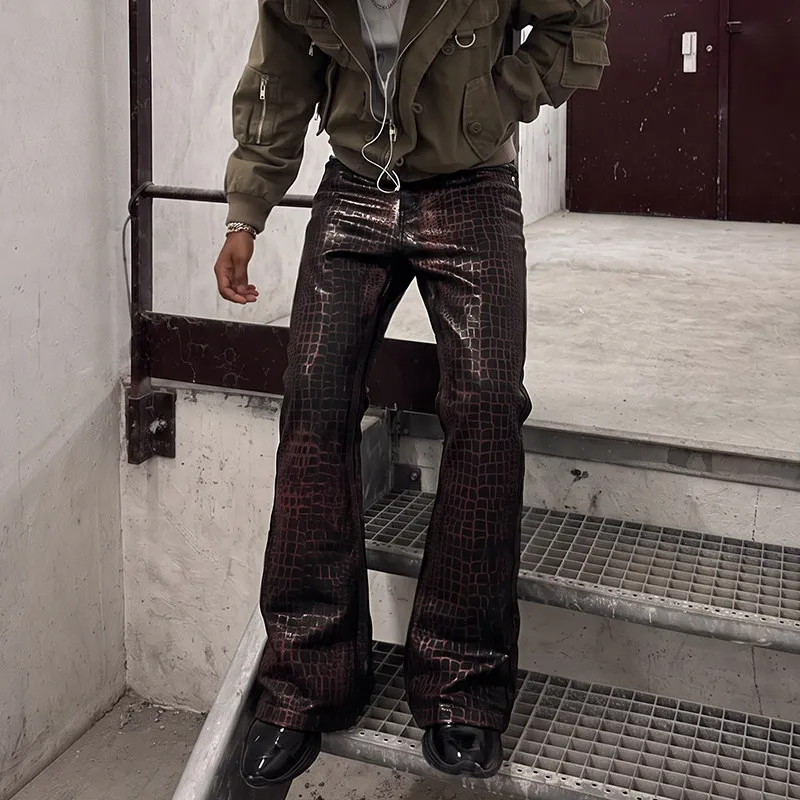 Mens Black Waxed Coated Jeans Red Paint Texture Fit Slight Flare Denim Pants for Alternative Streetwear Looks