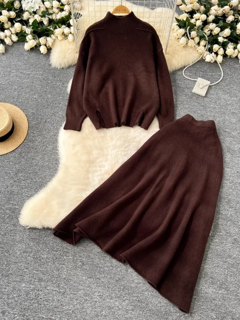 Lazy Style Knitted Warm Sweater Two-piece Set Women Wear Autumn and Winter Pullover Loose Long-sleeved Sweater High Waist Skirt