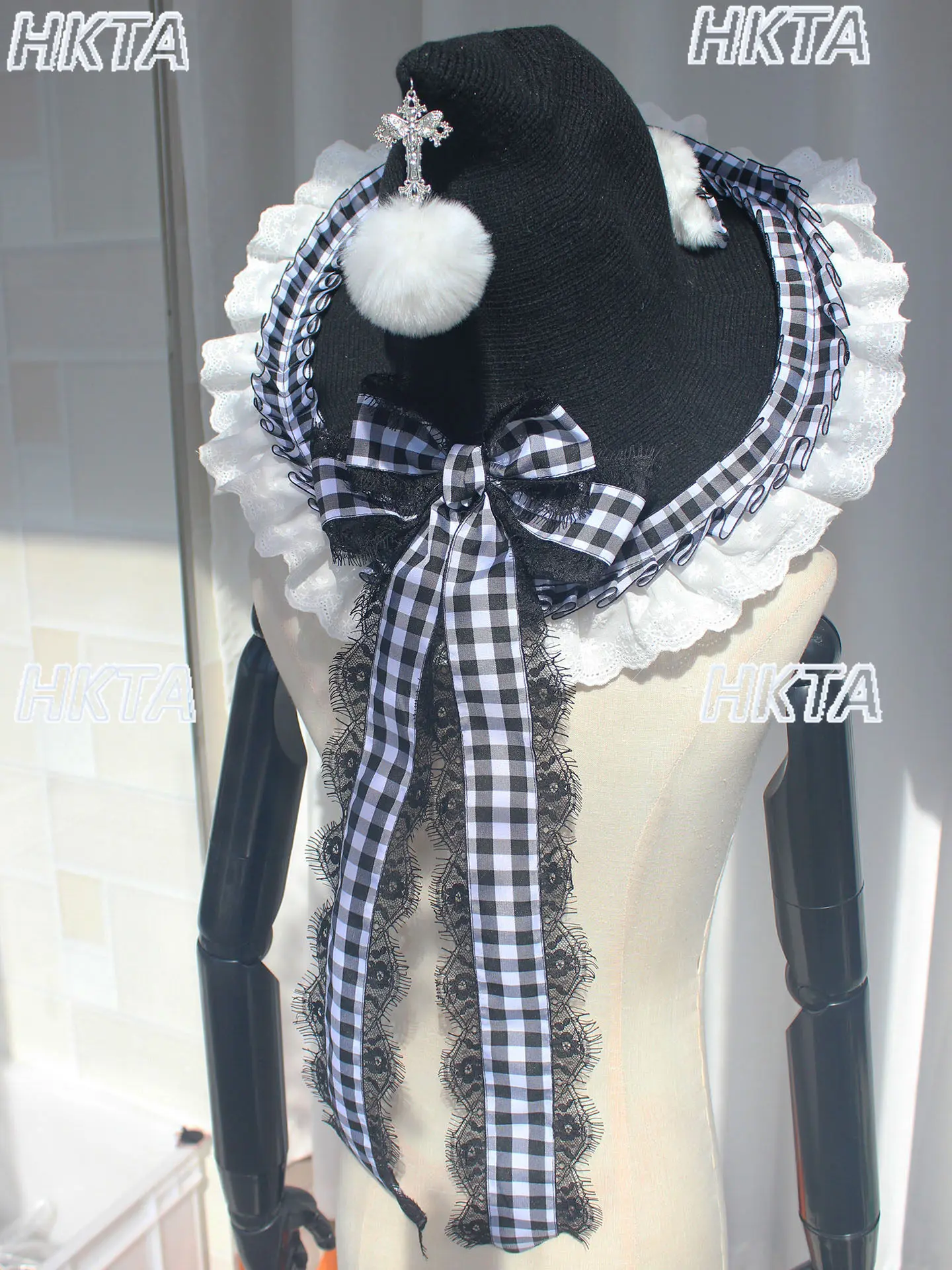 Subculture Y2k Cosplay Sweet Lace Bow Strap Magic Hat Lolita Cute Goth Punk Plaid Cap Black White Hat Diy Accessories Women