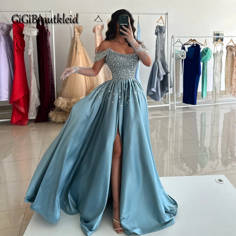 GiGiBraut Trendy A-line Occasion Dresses For Women Satin Slit Pleated Beads Scoop Neck Prom Gowns Robes De Soiree Customised