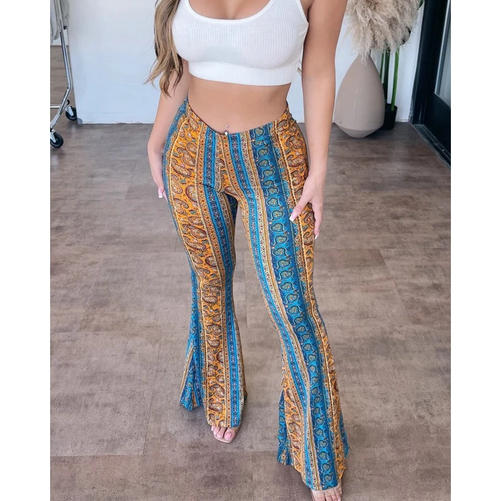 Fashion Women Ethnic Print Flared Pants Female Casual High Waist Skinny Trousers Fashion Street Outwear Leggings Free Delivery