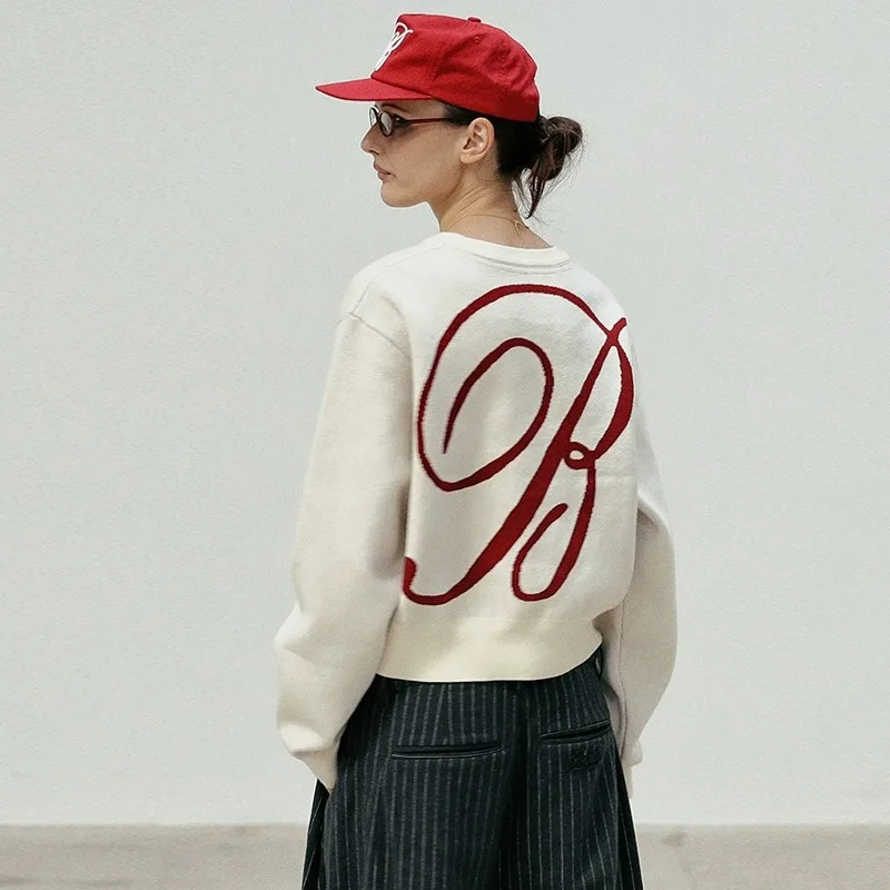

Korea badblood bcac American retro jumper women round neck loose knit sweater embroidery top tide
