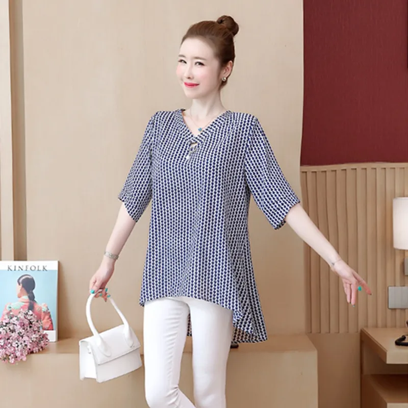 UHYTGF 5XL Loose Size Top Women's Korean Fashion Striped Chiffon Summer T-Shirt Female V-Neck Pullover Blouses Thin Clothes 2010