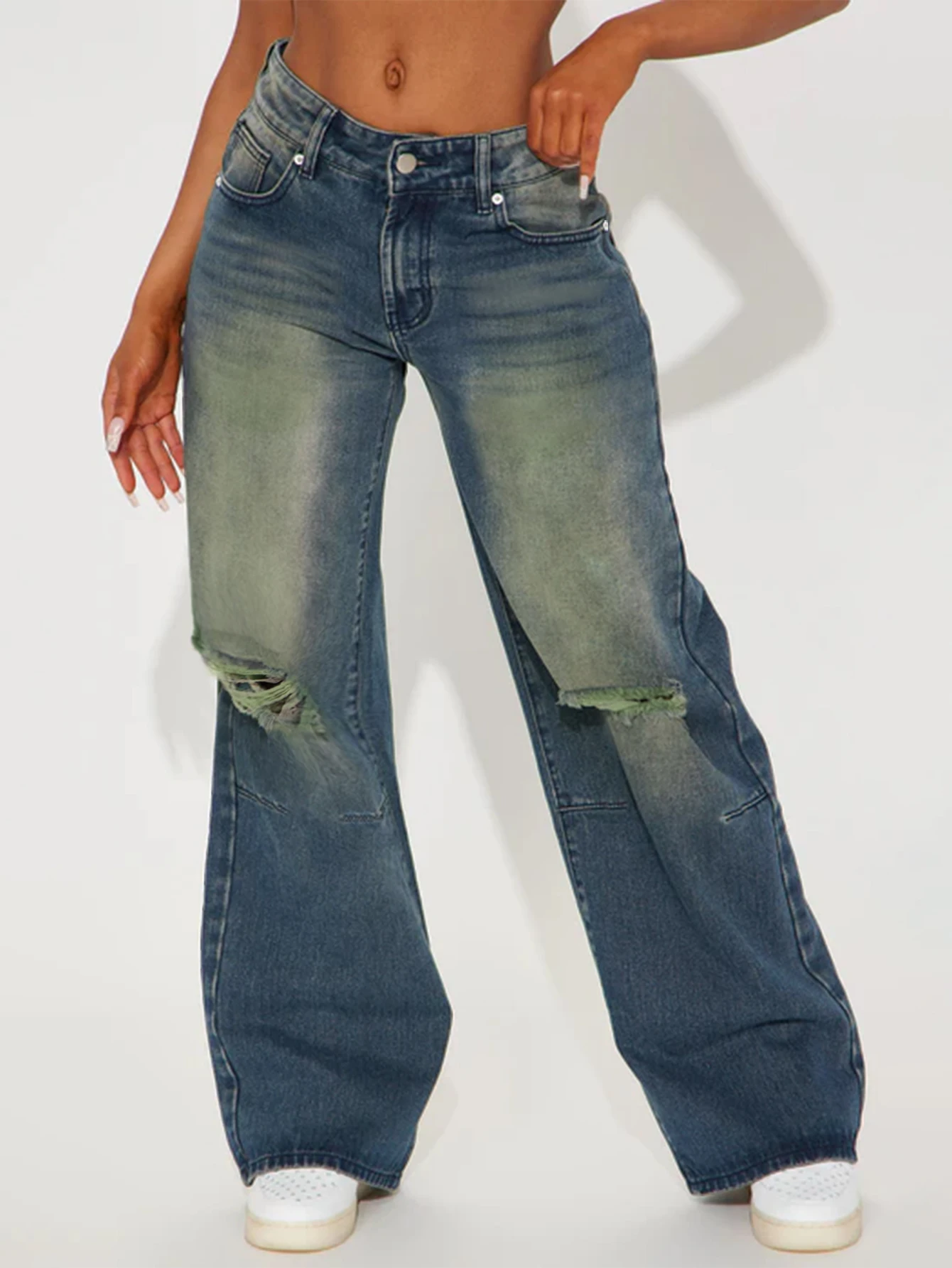 

n retro High Street ripped jeans, ladies wash blue, baggy, casual, straight pants, pants