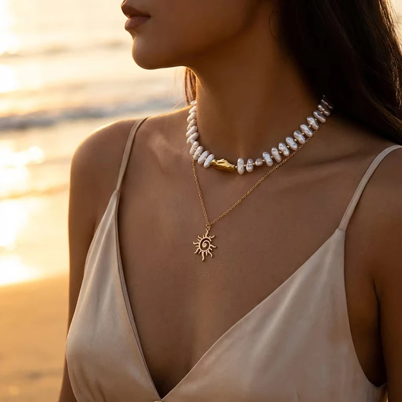 FTCY Baroque Irregular Imitation Pearl Sun Pendant Stackable Necklace For Women Elegant Sunflower Clavicle Chain Summer Vacation