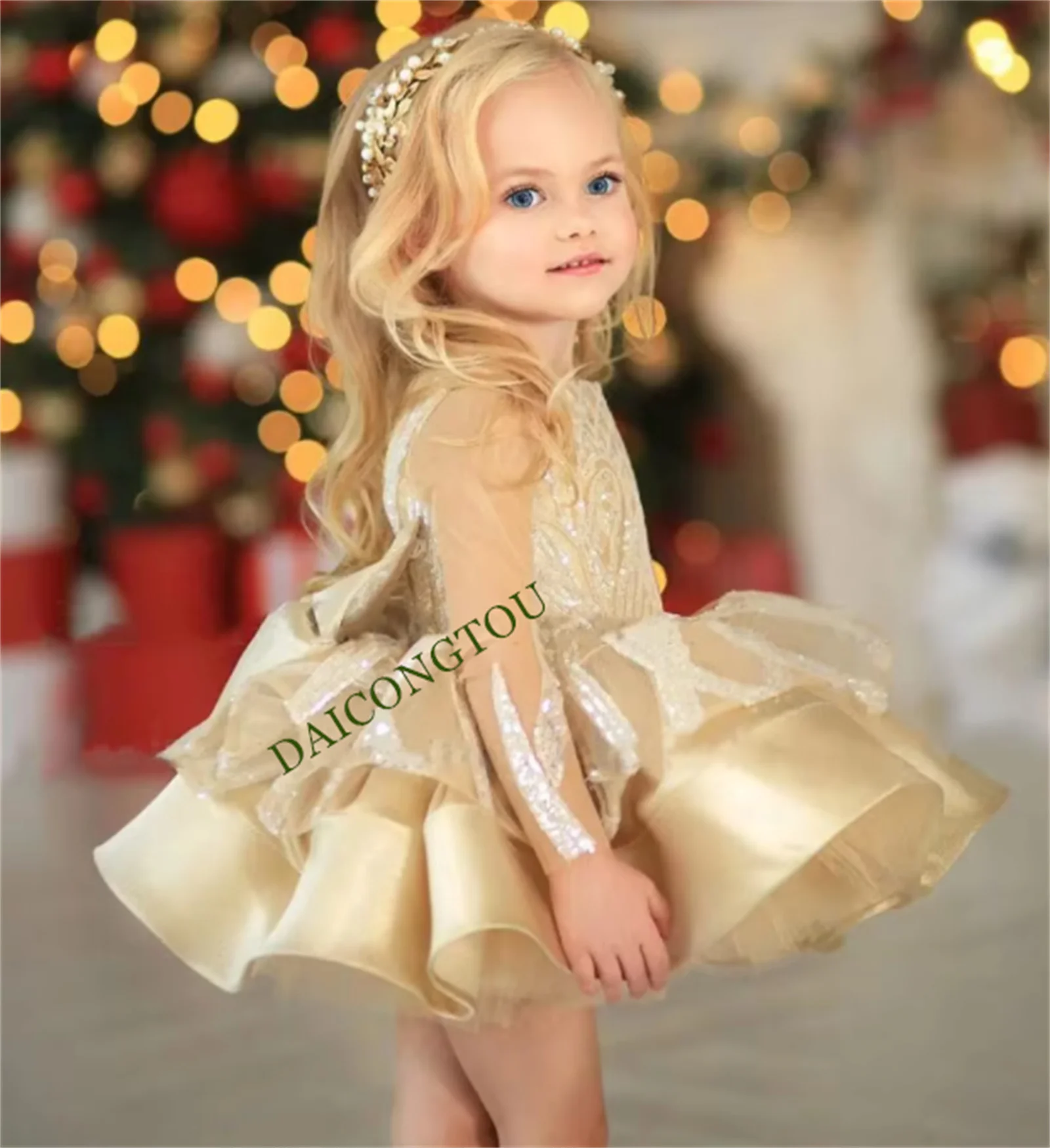 فساتين بناتي ذهبية مخصصة بأكمام طويلة ترتر توتو نفخة للأطفال فساتين حفلات أعياد الميلاد متألقة فستان فتاة الزهور للأطفال الصغار