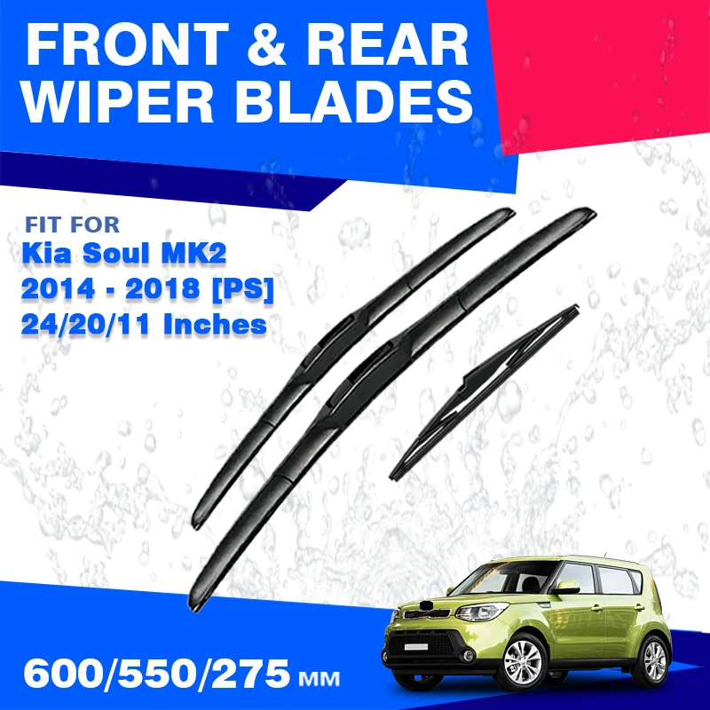 

Для Kia Soul PS MK2 2014-2018 EV передние и задние щетки стеклоочистителя, резиновые щетки для лобового стекла, аксессуары для удаления запасных частей