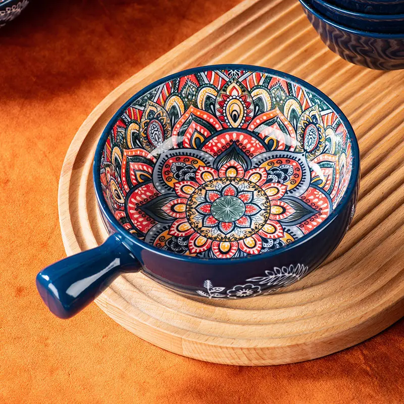 New Bohemian style ceramic tableware with handle baking tray cake fruit salad pasta mashed potato bowl home decor