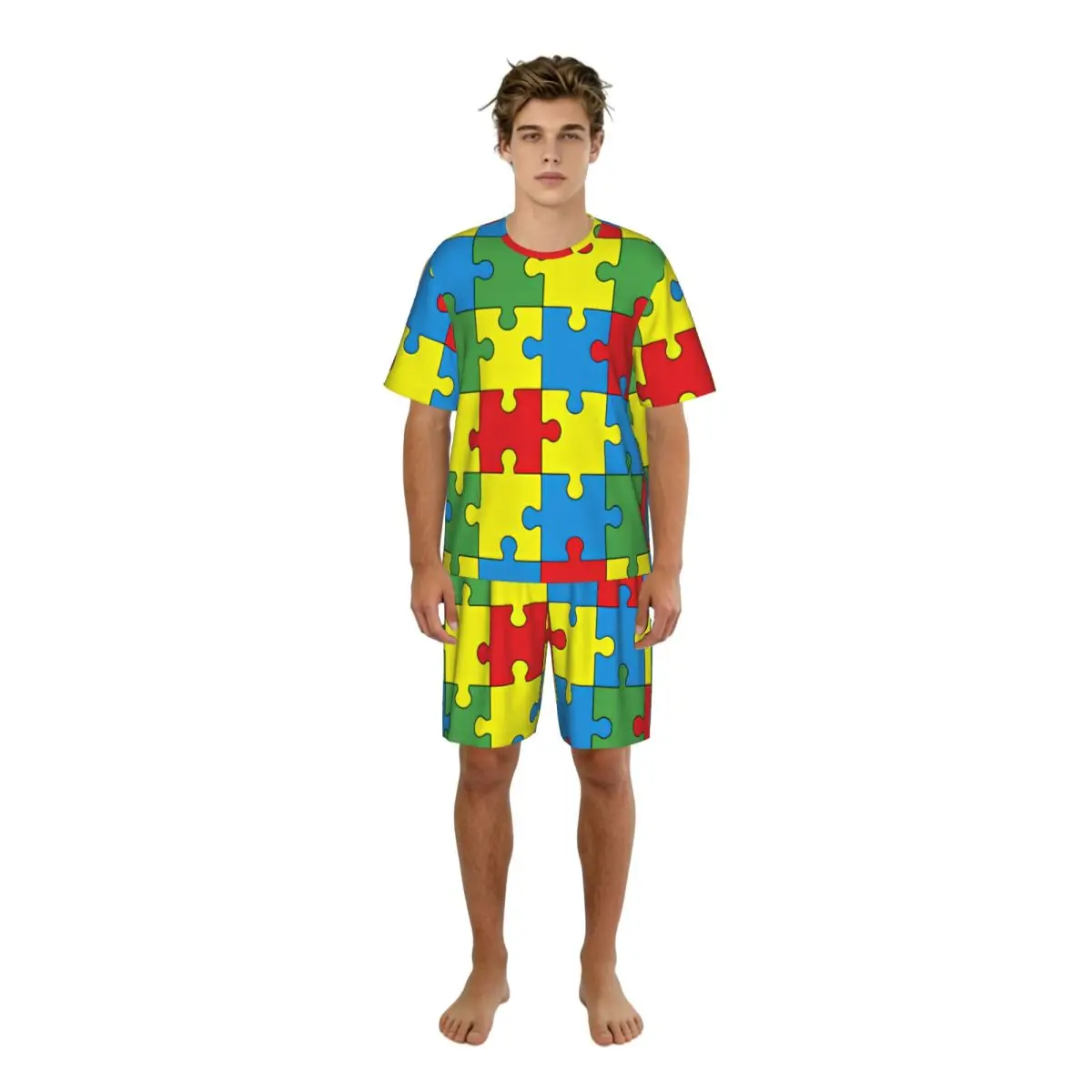 

Men's Pajama Set Short Sleeve Top + Shorts Pieces Of Puzzle Loungewear Comfortable Night Suit