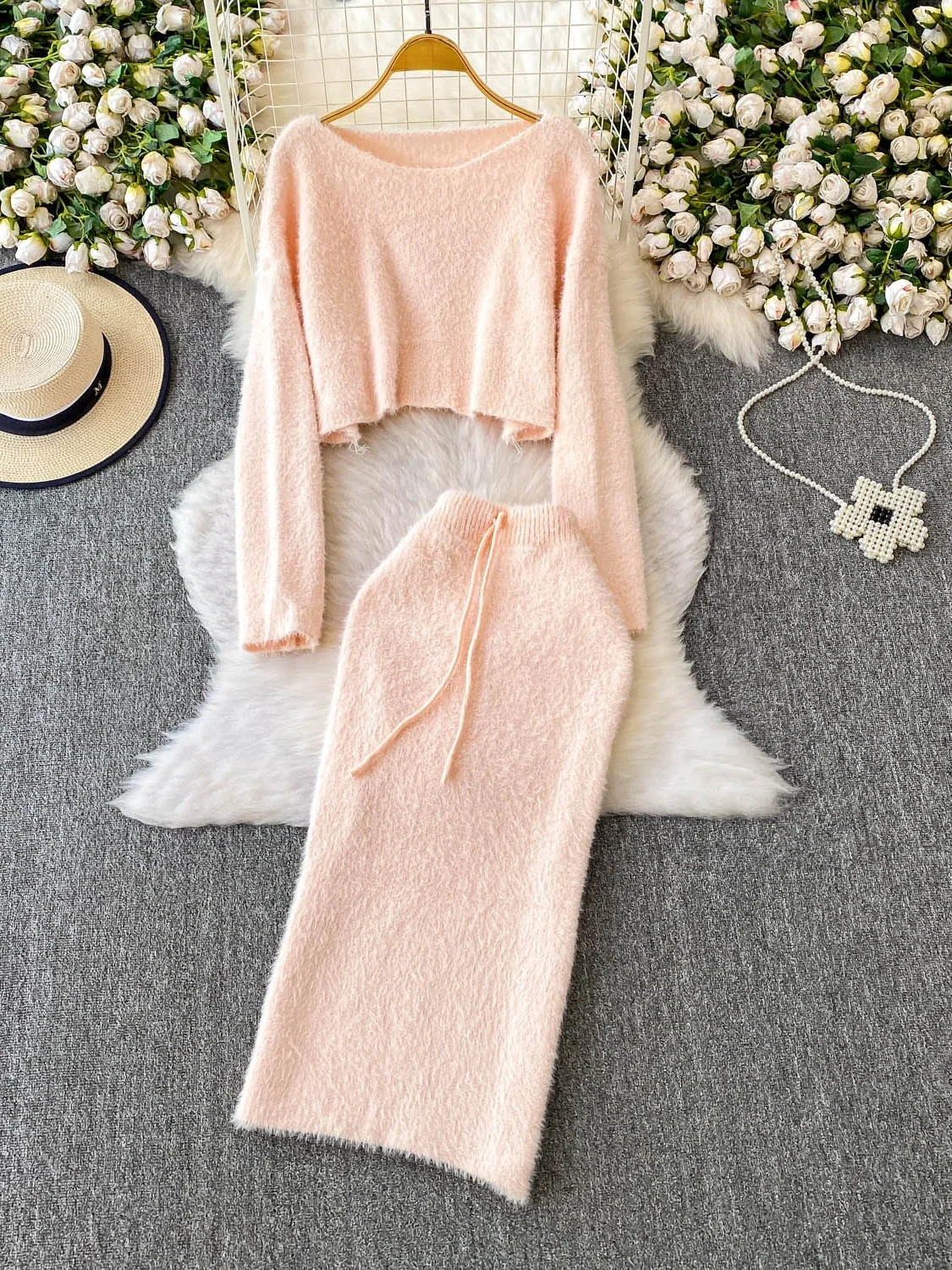

Soft Cozy ort round Ne Sweater High Waist Skirt Two Piece Set for Teenage Girls Autumn Winter Lazy Sle Faion Set