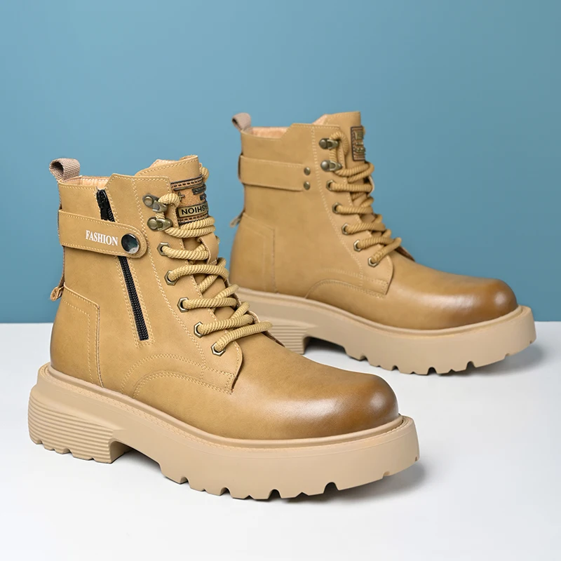 Men Vintage  Ankle Boots Side Zipper Lace‑Up Thick Lug Sole Non‑Slip Platform Combat Boots Winter Outdoor Work Hiking Boot