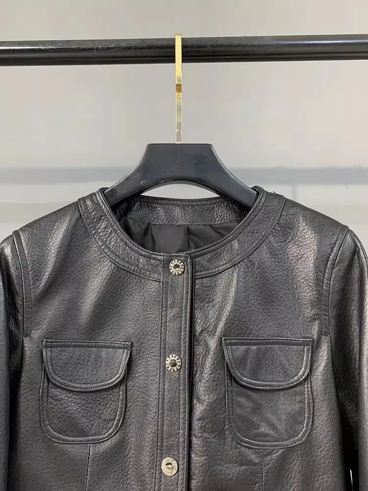 가을 신상 천연 가죽 여성 숏 재킷 라운드 넥 긴팔 재킷 탑 스트레이트 패션 코트 싱글 브레스티드 아우터웨어