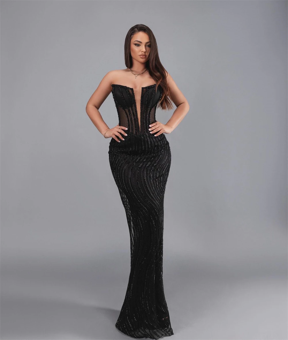 

Customized Mermaid Black Tulle Evening Dress Classic Strapless Sleeveless Homecoming Dresses Elegant Special Occasion Gowns
