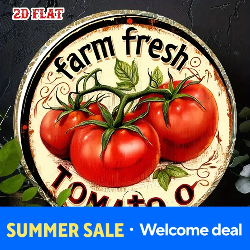 [2D Flach] Vintage Farm Fresh Tomato Metallschild – Rustikale runde Aluminium-Wandkunst für Küche, Café, Außendekoration