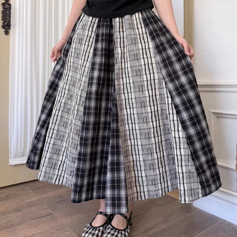 Vintage Mori Girl Plaid Patchwork A-Line Maxi Skirt Korean Fashion Preppy Commuting Loose Casual High Waist Long Skirt for Women