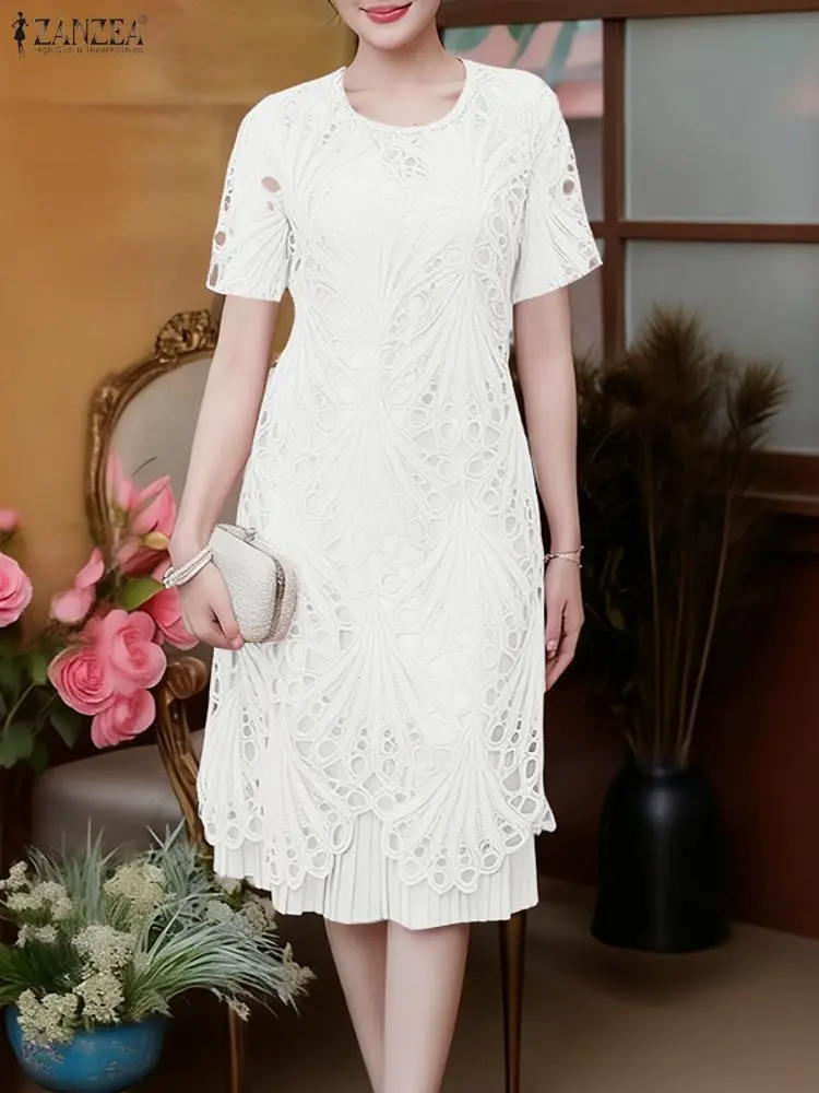 ZANZEA 2023 Sommer Spitze Patchwork Kleid Stilvolle Frauen Kleider Elegante Party Sommerkleid Mode Kurzarm Plissee Arbeit Vestidos