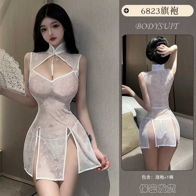 섹시한 전체 레이스 관점 Cheongsam 여성 중공 가슴 중국어 빈티지 Qipao 유니폼 고대 전통 란제리 분할 드레스