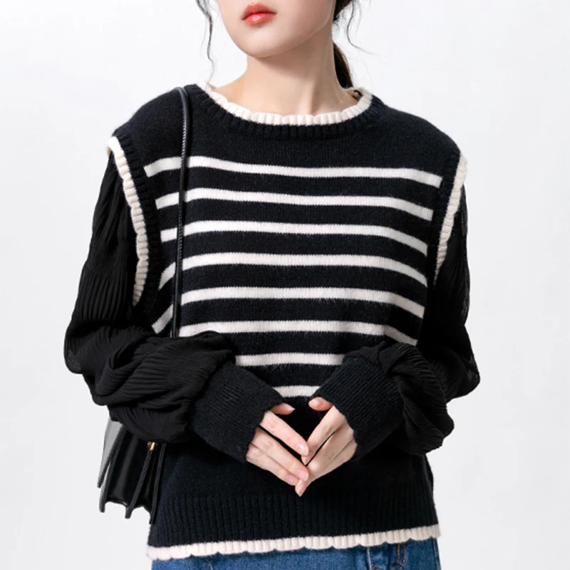 Y2k Striped Women Sweaters Knitted Loose Patchwork Female Casual Pullovers Preppy Style Autumn Chic Puff Sleeve Ladies Tops