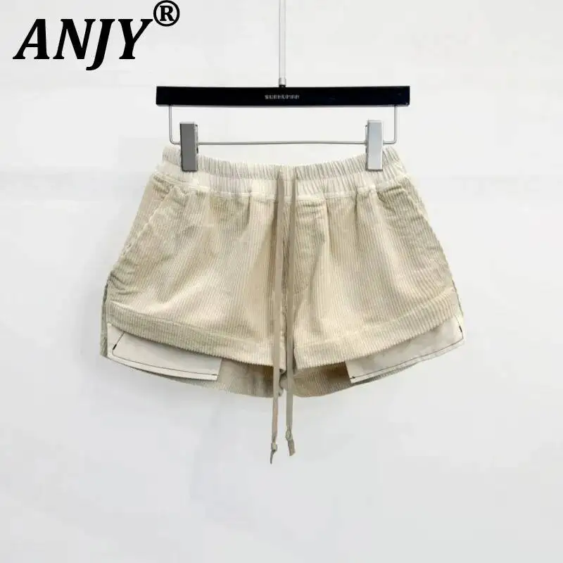 ANJY Spring Summer New Women Dark Style Designs Versatile Drawstring Elastic Waist Casual Elegant Fashion Corduroy Shorts A26302