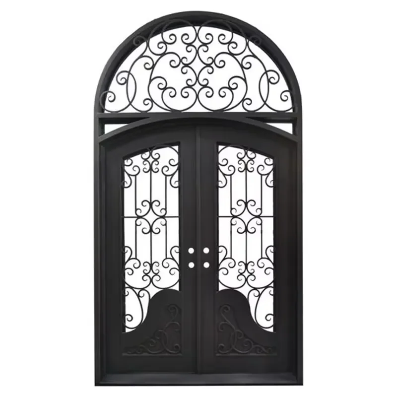 Entry Security Sliding Door Decorative Wrought Iron with Stained Glass for Living Room Steel and Polymer Material