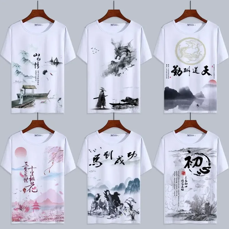 Camiseta de manga corta con estampado 3D de paisaje para hombre, camiseta de estilo chino, pintura de lavado de tinta Harajuku, camisetas de verano con dragón nacional para mujer
