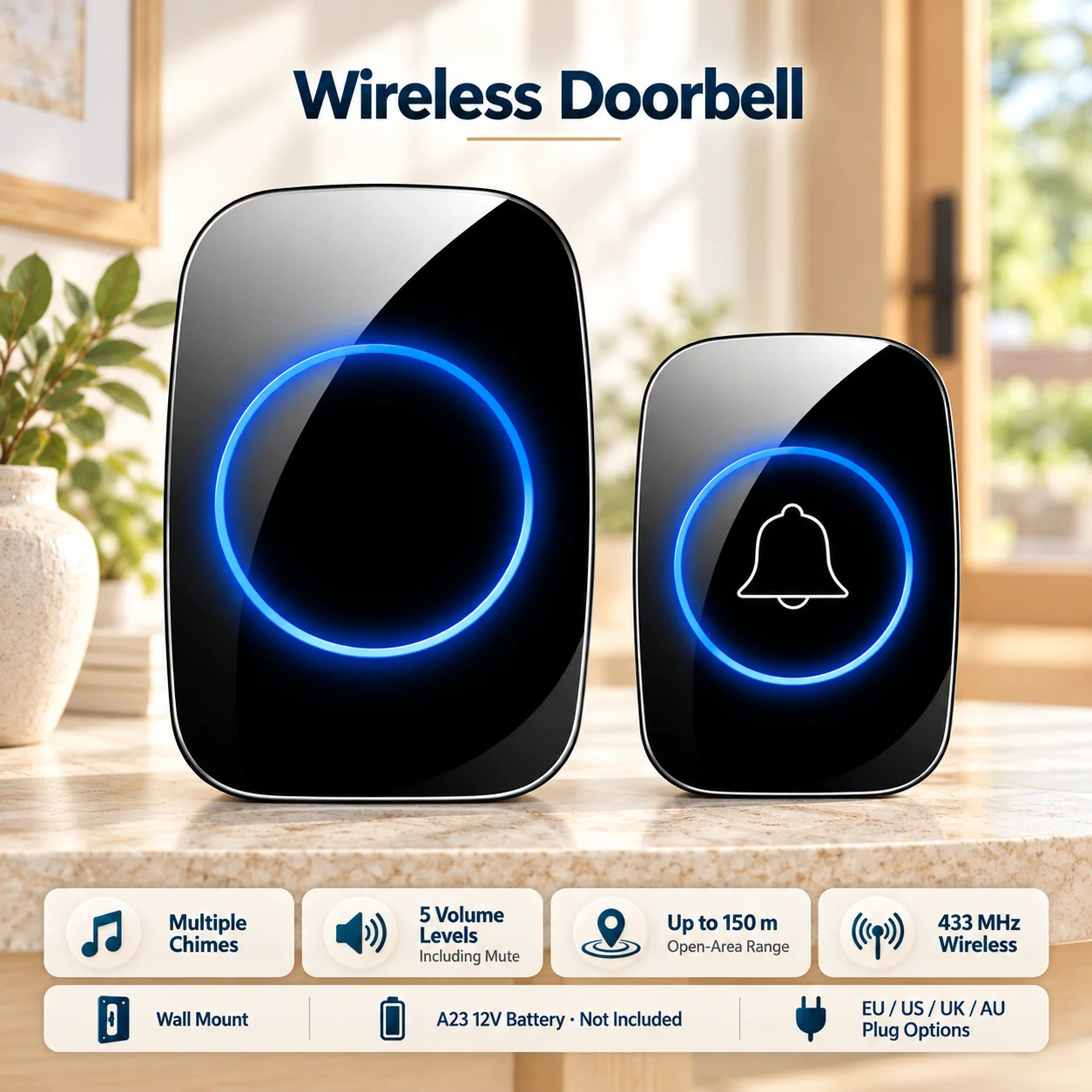Home Welcome Doorbell  Intelligent Wireless Doorbell Waterproof 150M Remote EU AU UK US Plug smart Door Bell Chime no Battery