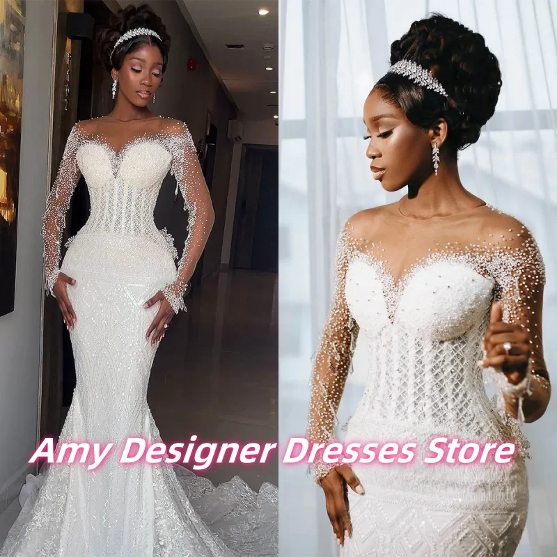 Vestidos De Novia largos De sirena De encaje Vintage para niñas negras mangas largas transparentes Vestidos De Novia Vestidos De Novia personalizados