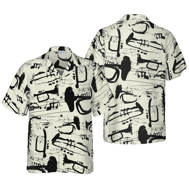 

Fashion Musical Instrument Pattern Hawaiian Shirt For Men 3d Saxophone Guitar Print Beach Short Sleeve Casual New Male Tops Tees