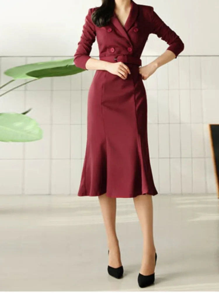 New Elegant Chic Office Women Dress Spring Long Sleeve Solid Vintage Business Belted Vestidos Female Clothes Long Party Robe