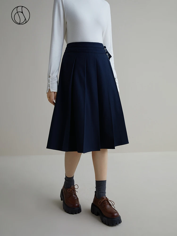 DUSHU College Style All-match High-waisted Pleated Skirt for Women Winter Chic Sense Elegant Commuter A-line Skirt Female