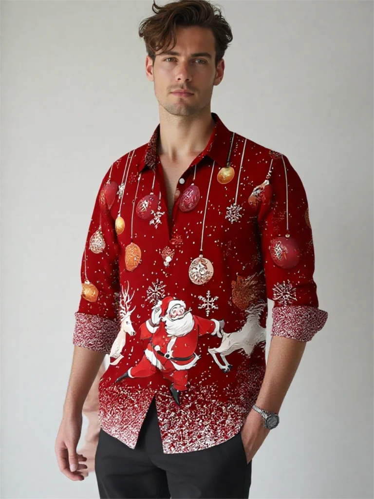 

Santa Claus 3D Print Men's Shirts Autumn Casual Loose Lapel Tops Christmas Elk Pattern Long-sleeved shirt Fashion X'mas Clothes