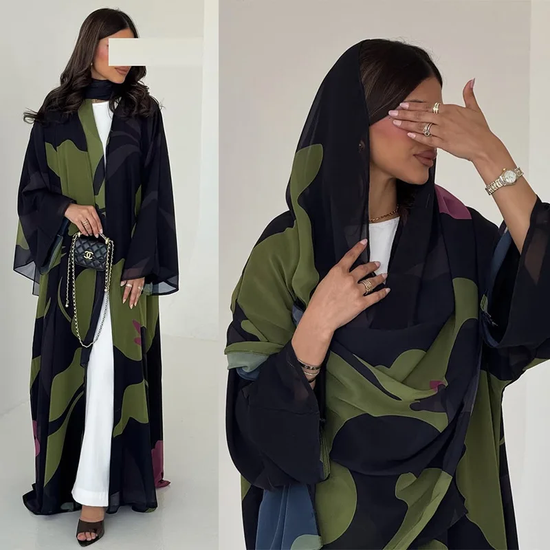 

Elegant Islamic Clothing Dubai Abaya Women Muslim Dress Printed Cardigan Open Abaya Hijab Set EID Modest Kimono Ladies Robes