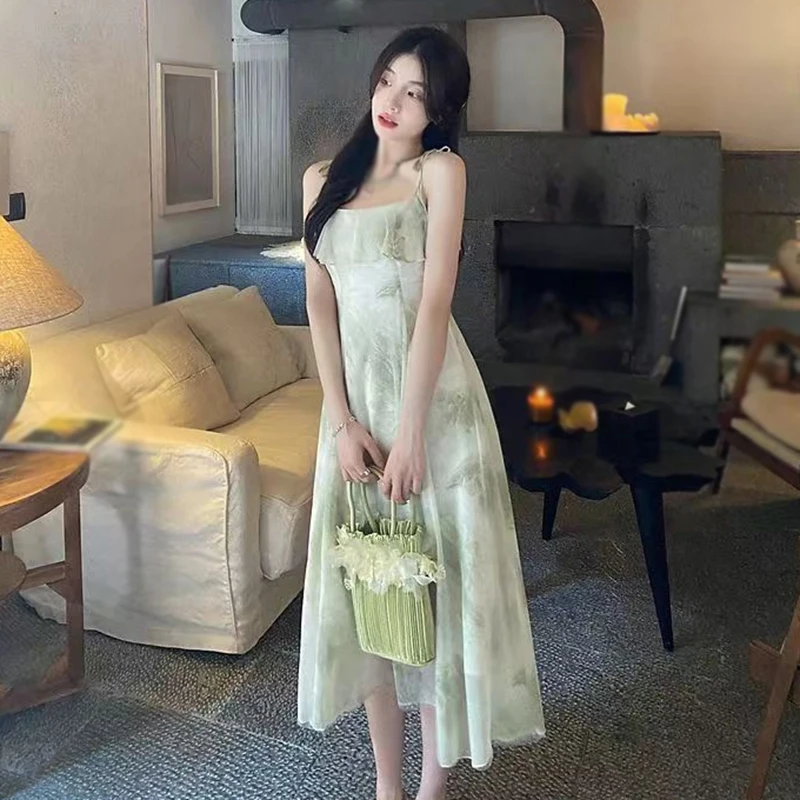 Women Summer French Vintage Midi Dresses Print Elegant Party Sweet Female Clothes Korean Casual fairy Dress