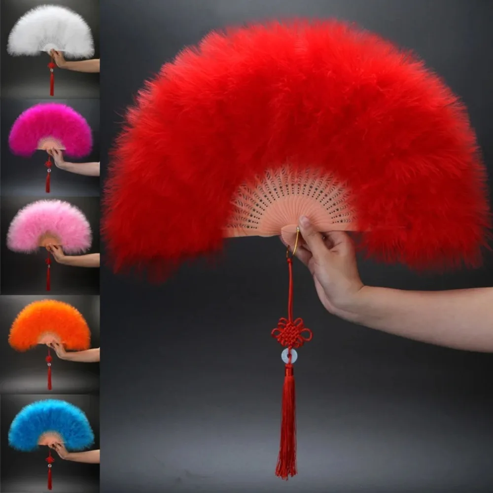 Chinese Handheld Feather Fan Colorful with Tassels Show Dance Fan Traditional Elegant Cosplay Props Fan