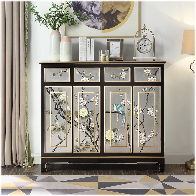 Customized New Chinese style painted entrance cabinet, American country hand-painted shoe cabinet, gold and silver leaf