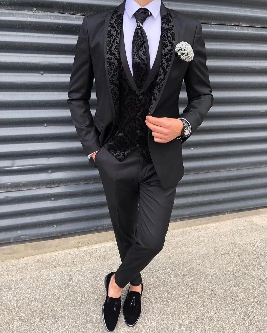 Padrão preto ternos masculinos smoking um botão formal magro apto para festa de formatura de casamento (blazer + colete + calças) 3 peças feitas sob encomenda