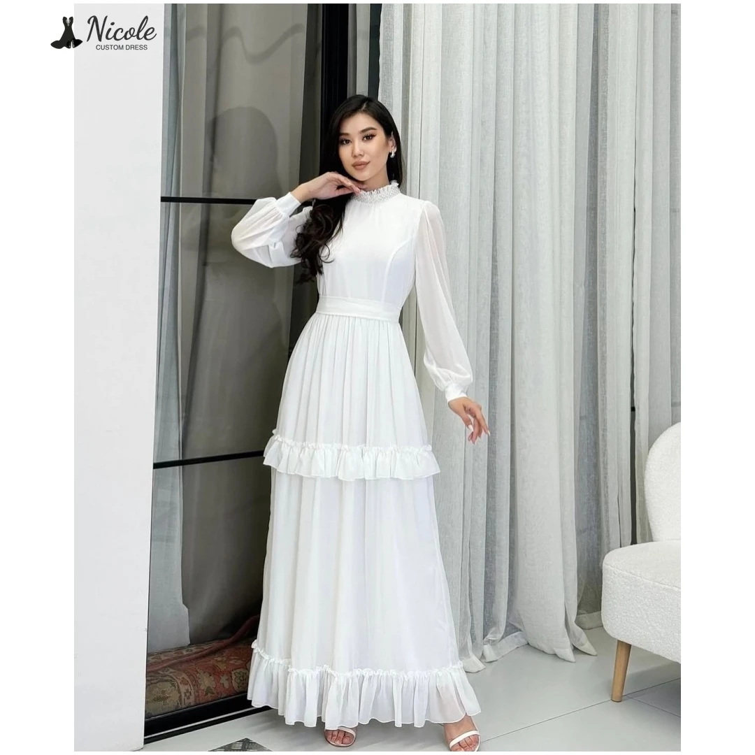 

Nicole Line A Evening Dress Round Collar Robe Soiree Custom Made Ball Gowns Elegant Gown White Chiffon Prom Dresses Luxury Party