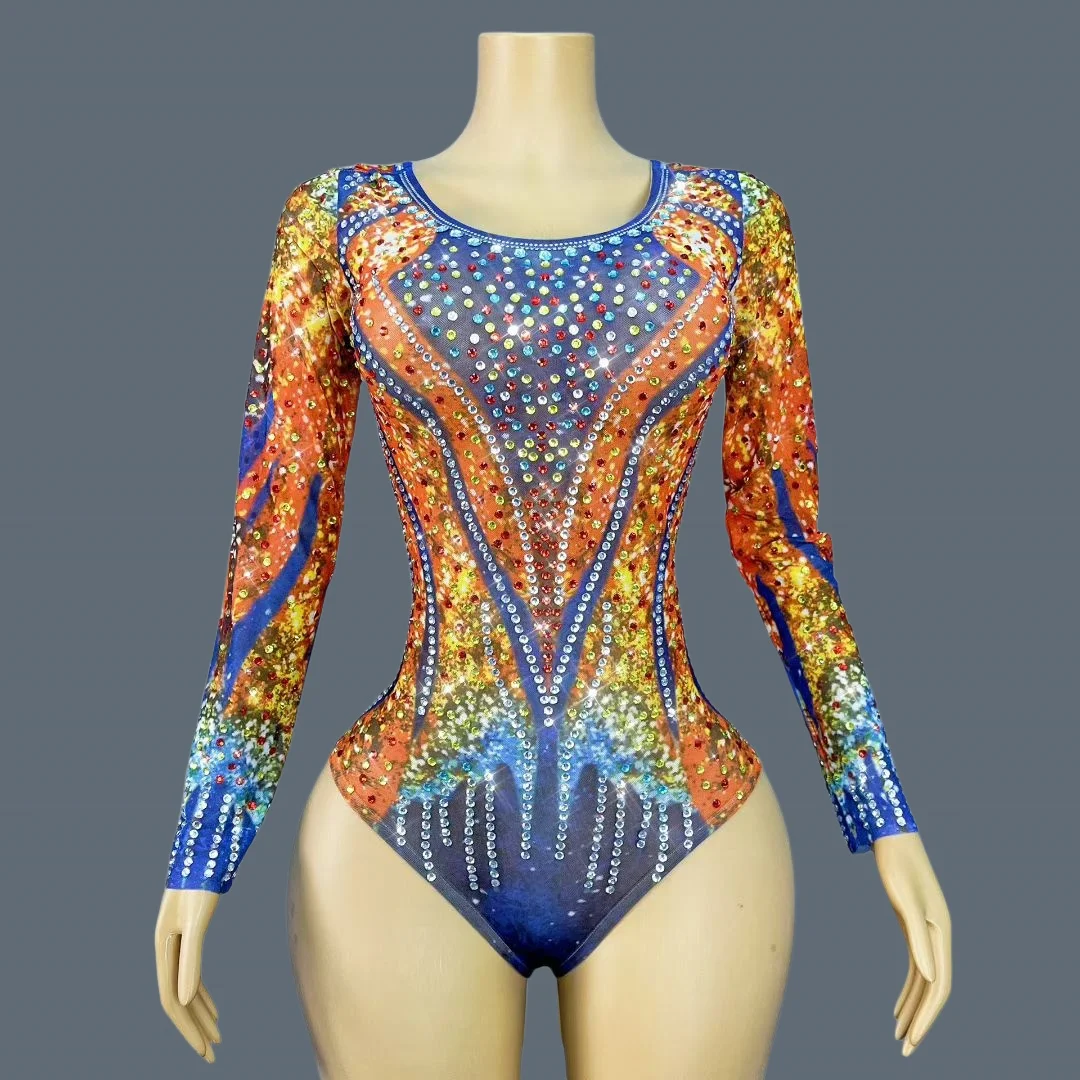 

Fancy Elastic Sheer Mesh Colorful Crystals Long Sleeved Bodysuit Tight Fitting Dance Competition Wear Sparkly Streamer Hongyan