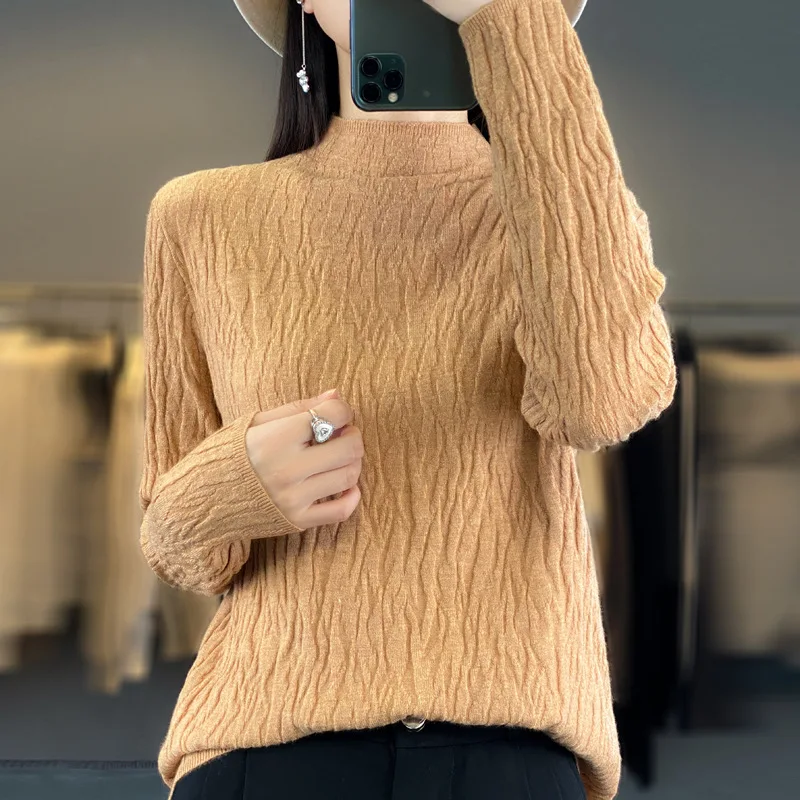 

Autumn Winter Solid Color Knitted Pullover Tops for Women Casual Half High Collar Long Sleeve Sweaters Chic Street Knitwear T951