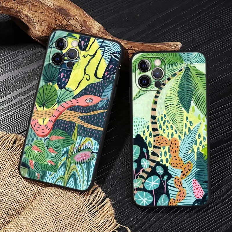 Jungle Art illustration Snake Cats Sloth Funda For iphone 15 Pro Max Case 14 11 12 13 Mini 15 Pro 14Plus XS X 7 8 SE Soft Cover