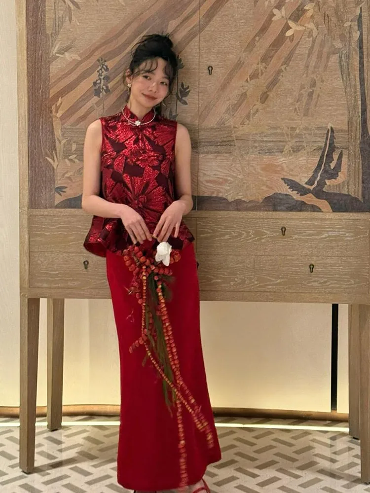 

New Chinese Sle Wedding Dr Women's Morning oot Red High Collar Engagement Ceremony Robe Ele Wine Serving Suit