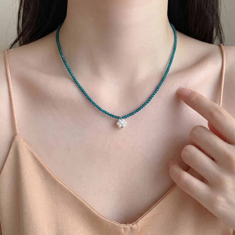 Necklace Handwoven Flower Crystal Seed Beads Fine Chain Delicate Layering Lightweight Elegant Vacation Resort Women
