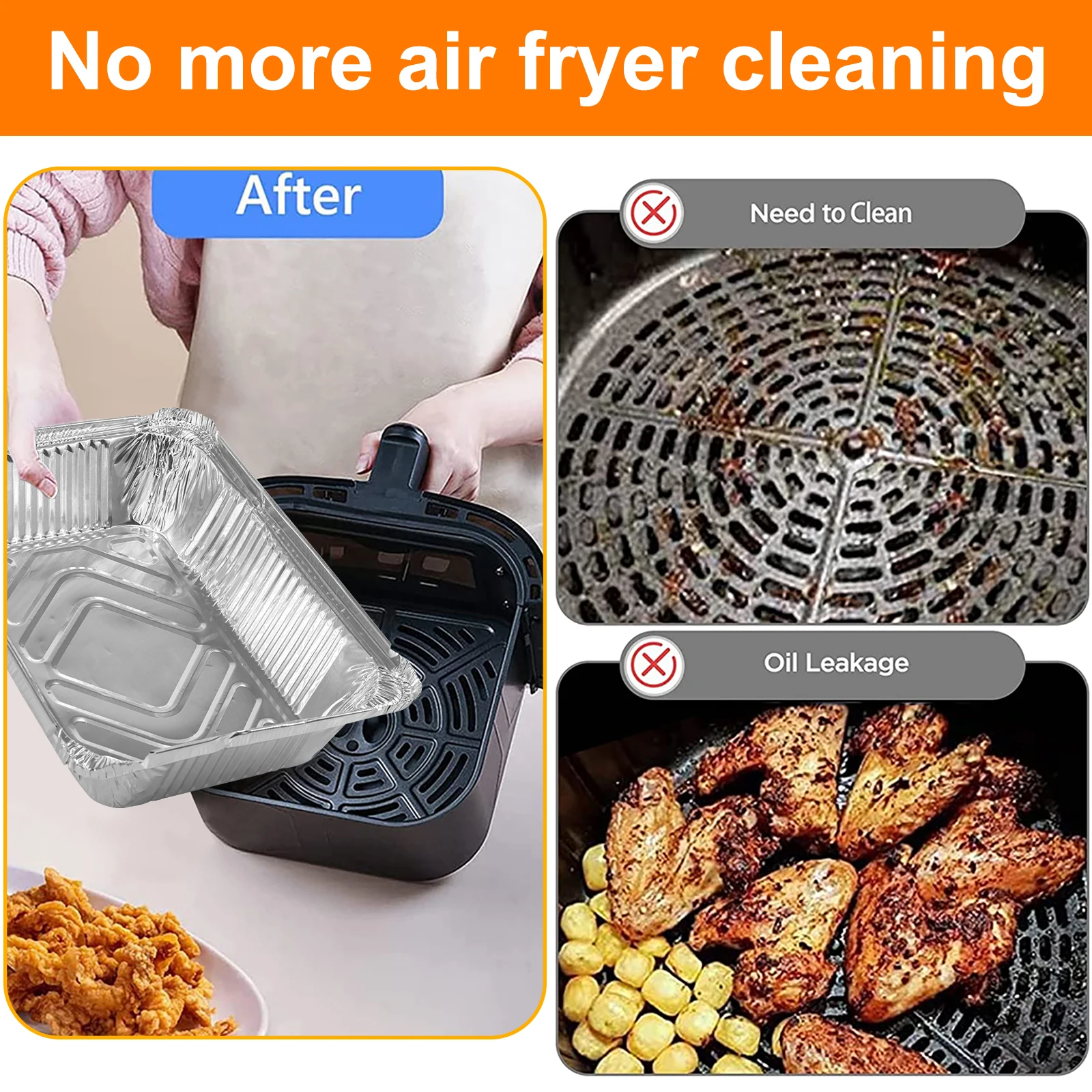 50Pcs Disposable Aluminum Foil Tray 1.1L Non-Stick Aluminum Foil Baking Pans Hole-free and High Rim Design Air Fryer Oven Liners