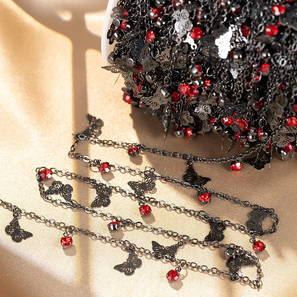 New 0.5/1Meter Gunblack Cut-out Butterfly Red Rhinestone Chains Women Style for DIY Necklace Jewelry Making Clothing Accessories