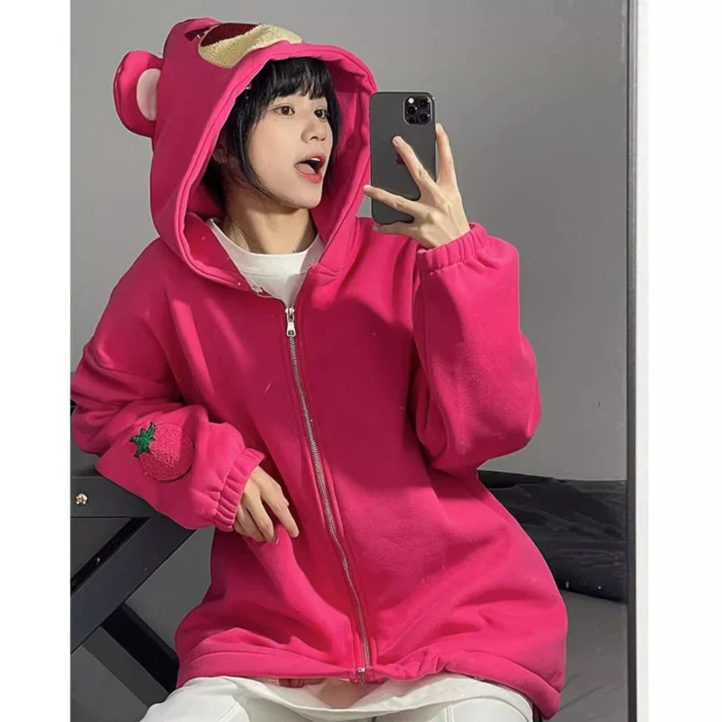 Disney Stitch Lotso Bear Men Hoodies Women Cartoon Hooded Sweatshirts Y2K Streetwear Hip Hop Thickened Zipper Loose Jacket Coats