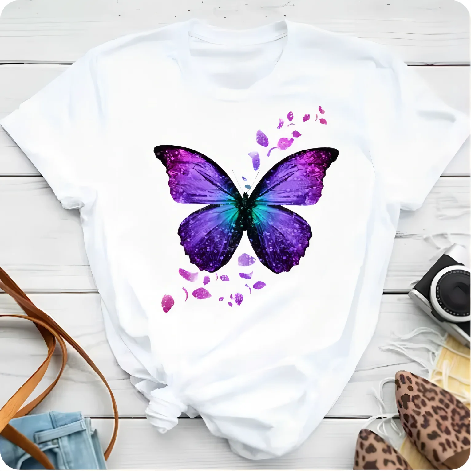 Fashion T-shirt with colorful butterfly petal pattern printed T-shirt casual short sleeved European size AliExpress new pure cot