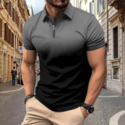 2024 New Summer Men's Gradient Zipper T-shirt with Polo Collar, Extra Large Short sleeved Top, 3XL Retro Men's Casual T-shirt